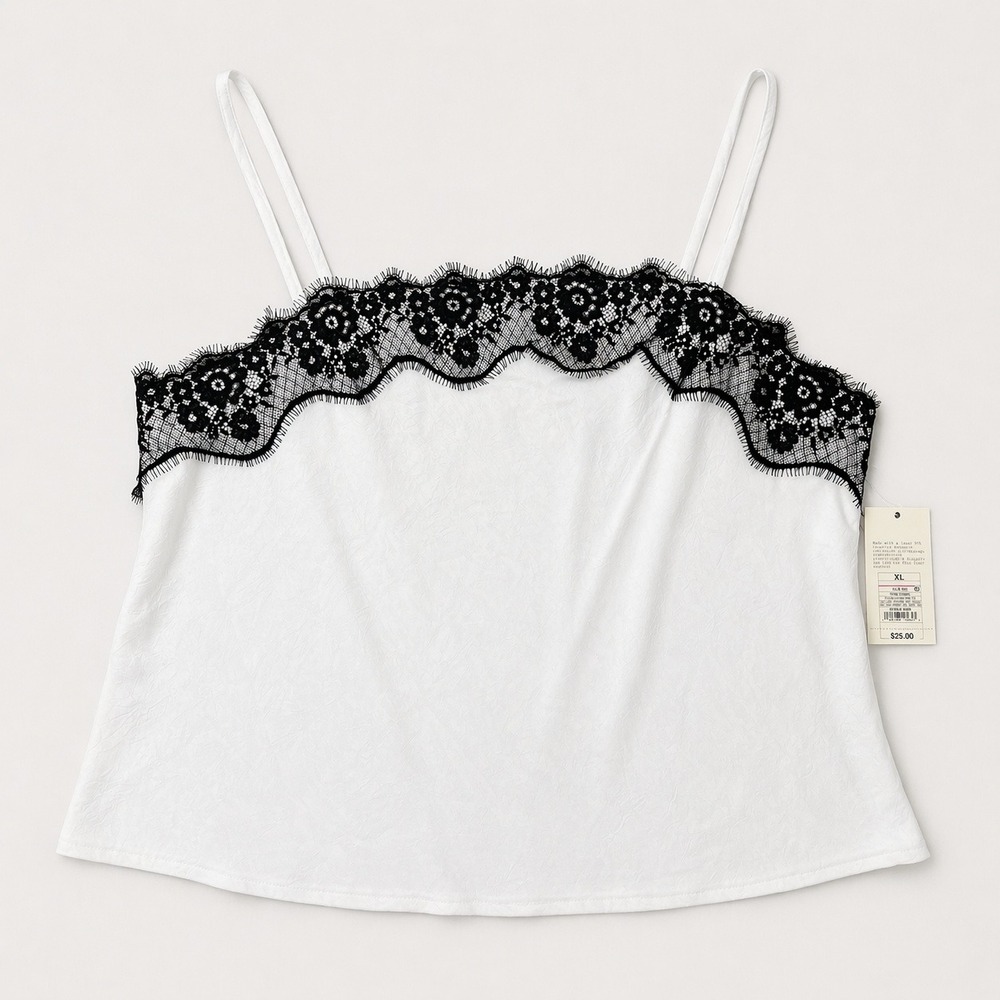 A New Day Women XL Cream Satin Camisole Black Lace Trim Adjustable Straps NEW